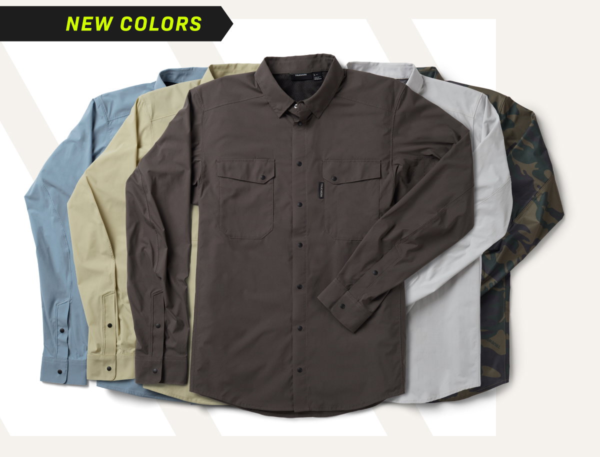NEW COLORS/ Cloud AV Long Sleeve WerkShirt featured in: Horizon Blue, Putty, Deep Grey, Light Grey, and Olive Macro Camo