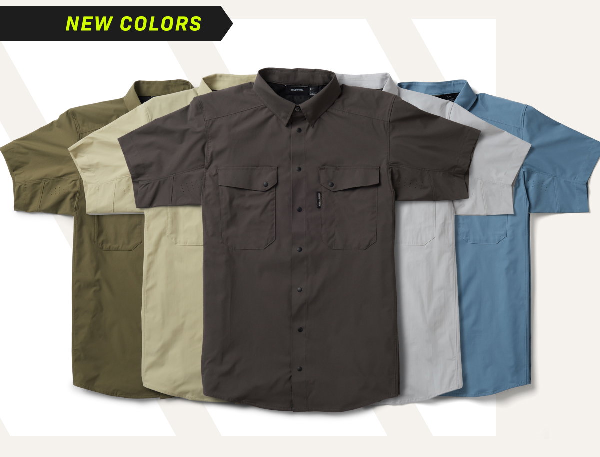NEW COLORS/ Cloud AV Short Sleeve WerkShirt featured in: Olive, Putty, Deep Grey, Light Grey, and Horizon Blue