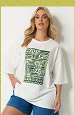 YOURS Kastiges T-Shirt in Creme mit abstraktem Muster und Schriftzug „Rio“