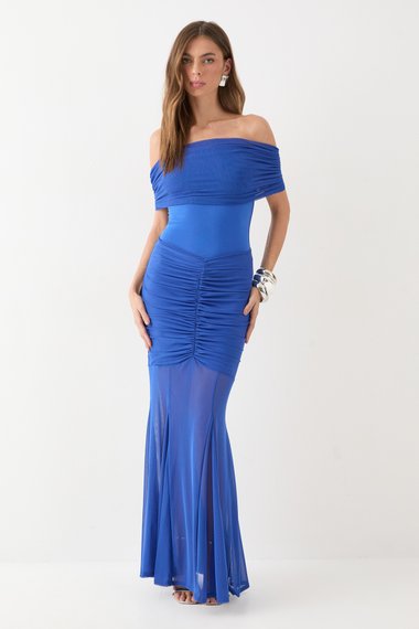Off Shoulder Mesh Overlay Maxi Dress