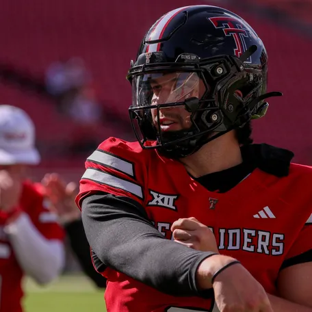 Texas Tech's Brendan Sorsby goes through warmups before the spring football game, Friday, April 17, 2026, at Jones AT&T Stadium.