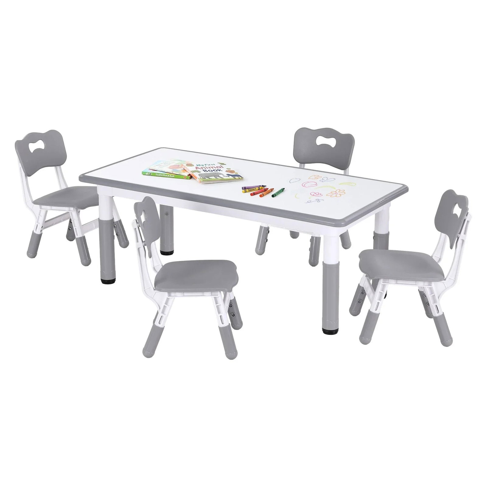Keezi Kids Table and 4 Chairs Set Height Adjustable Toddler Desk and Chair Set for Ages 3-8, Children Activity Table with Graffiti Desktop for Learning Drawing Playing,
Grey