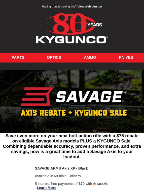 Save more on Savage Arms 🔥 Axis Rebate + KYGUNCO Sale