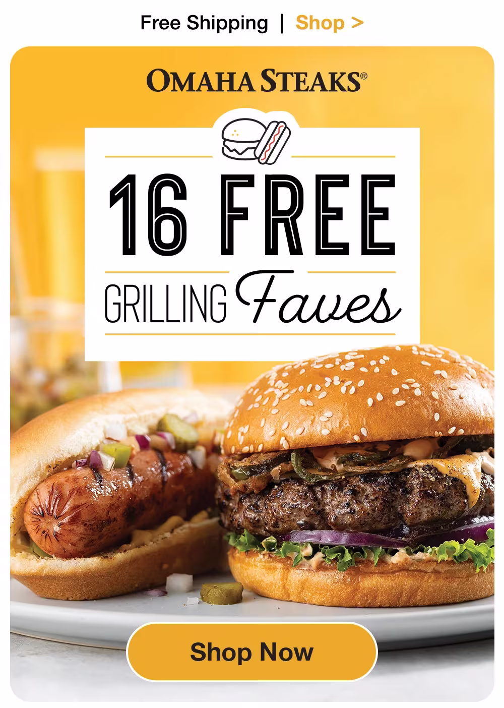 Free Shipping | Shop >
OMAHA STEAKS®
16 FREE GRILLING Faves
Shop Now
