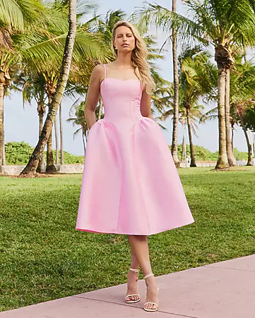 Satin Sweetheart Basque Waist Midi Fit and Flare Dress with Pockets