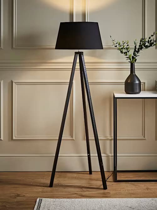 Barbro Black Wood Tripod Floor Lamp with Large Black Tapered Shade