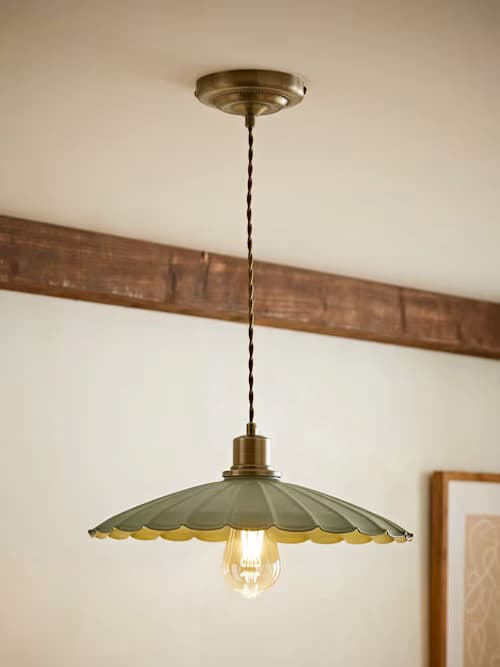 Holborn Brushed Brass Moss Green Floral Scallop Pendant Ceiling Light