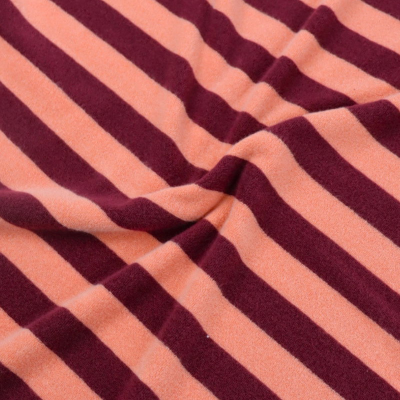 Tissu jersey éponge rayé Leo - bordeaux / corail