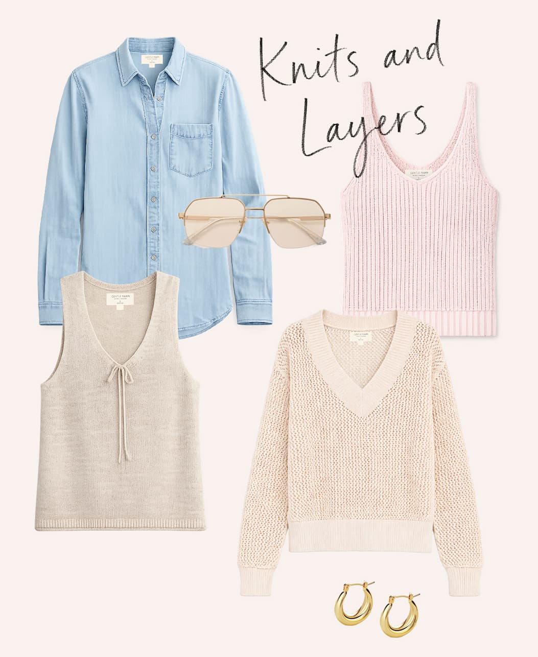 Flat lay featuring a light blue button-up shirt, knit tank tops, an open-knit sweater, sunglasses, and gold hoop earrings styled together under the heading “Knits and Layers.”