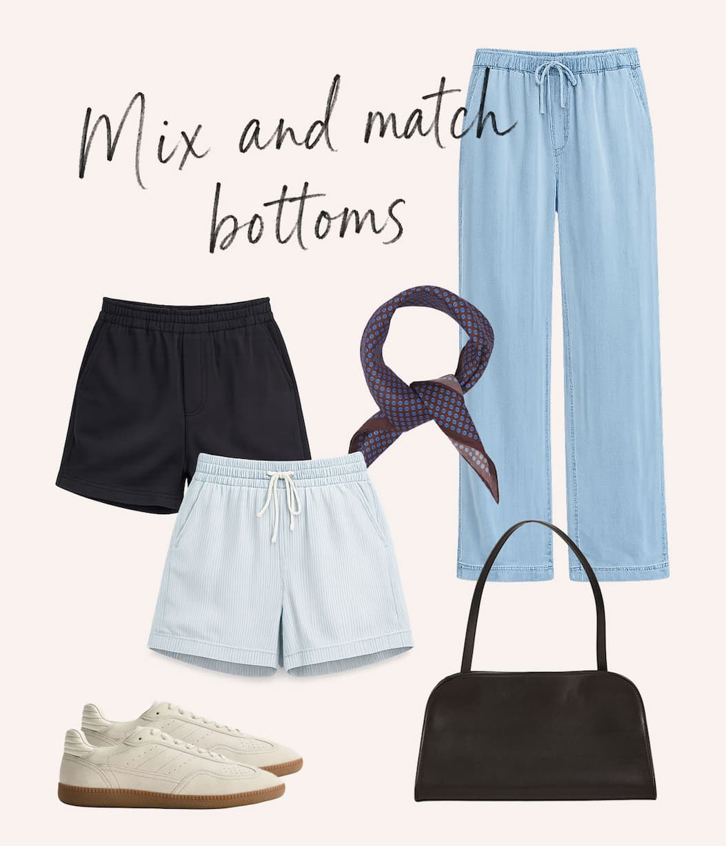 Flat lay showcasing casual bottoms including denim pants, navy shorts, striped shorts, sneakers, scarf, and handbag beneath the heading “Mix and match bottoms.”