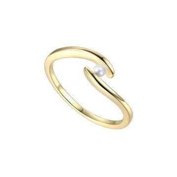 White Genuine Freshwater Pearl, 14K Yellow Gold Plated over Sterling Silver Ocean Wave Stacking Ring