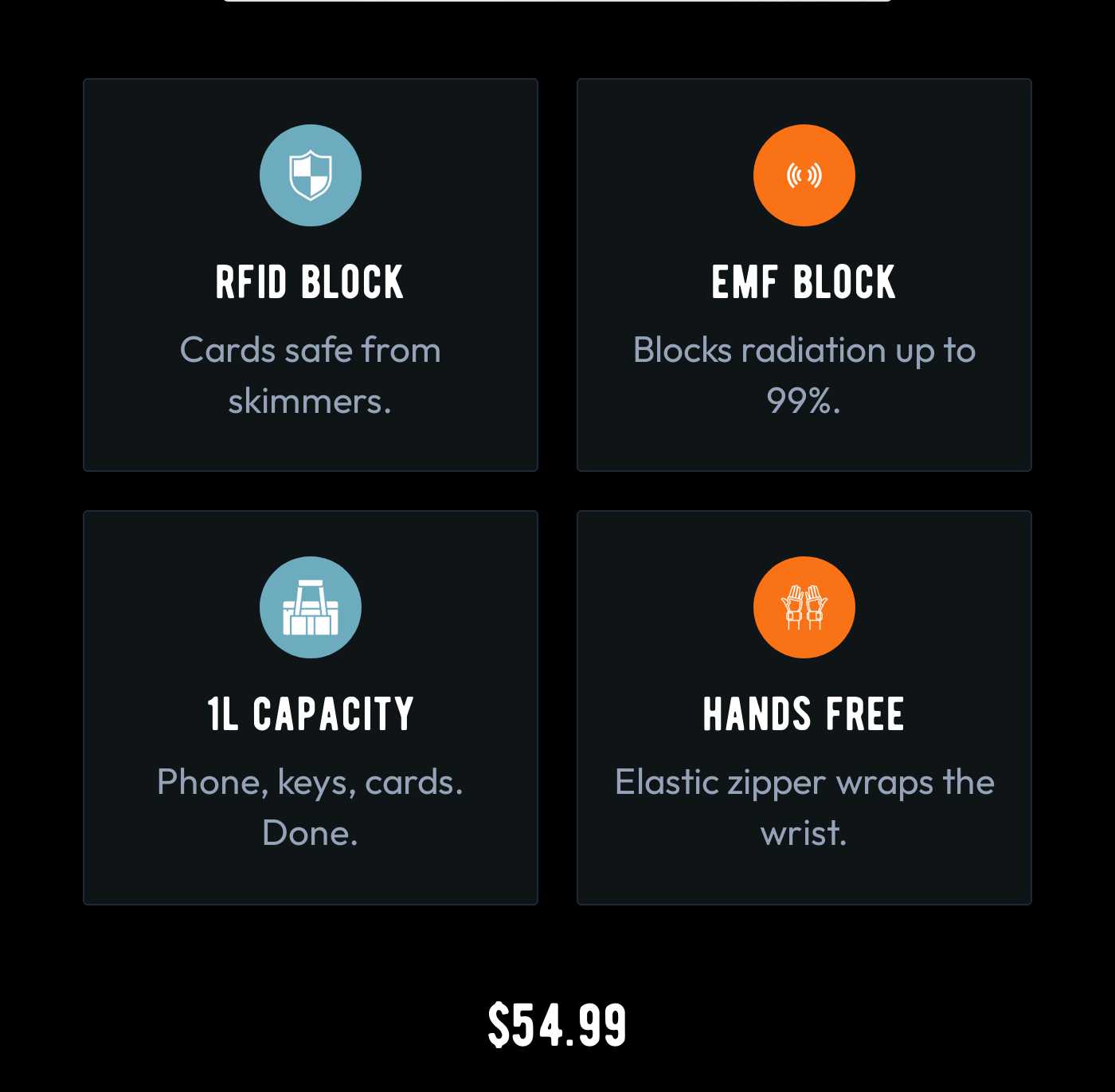 Features: RFID BLOCK, EMF BLOCK, 1L CAPACITY, HANDS FREE. Price: $54.99.