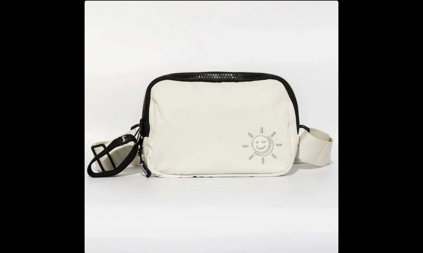 White Braxley Stash Bag with a black zipper and a smiley sun logo.