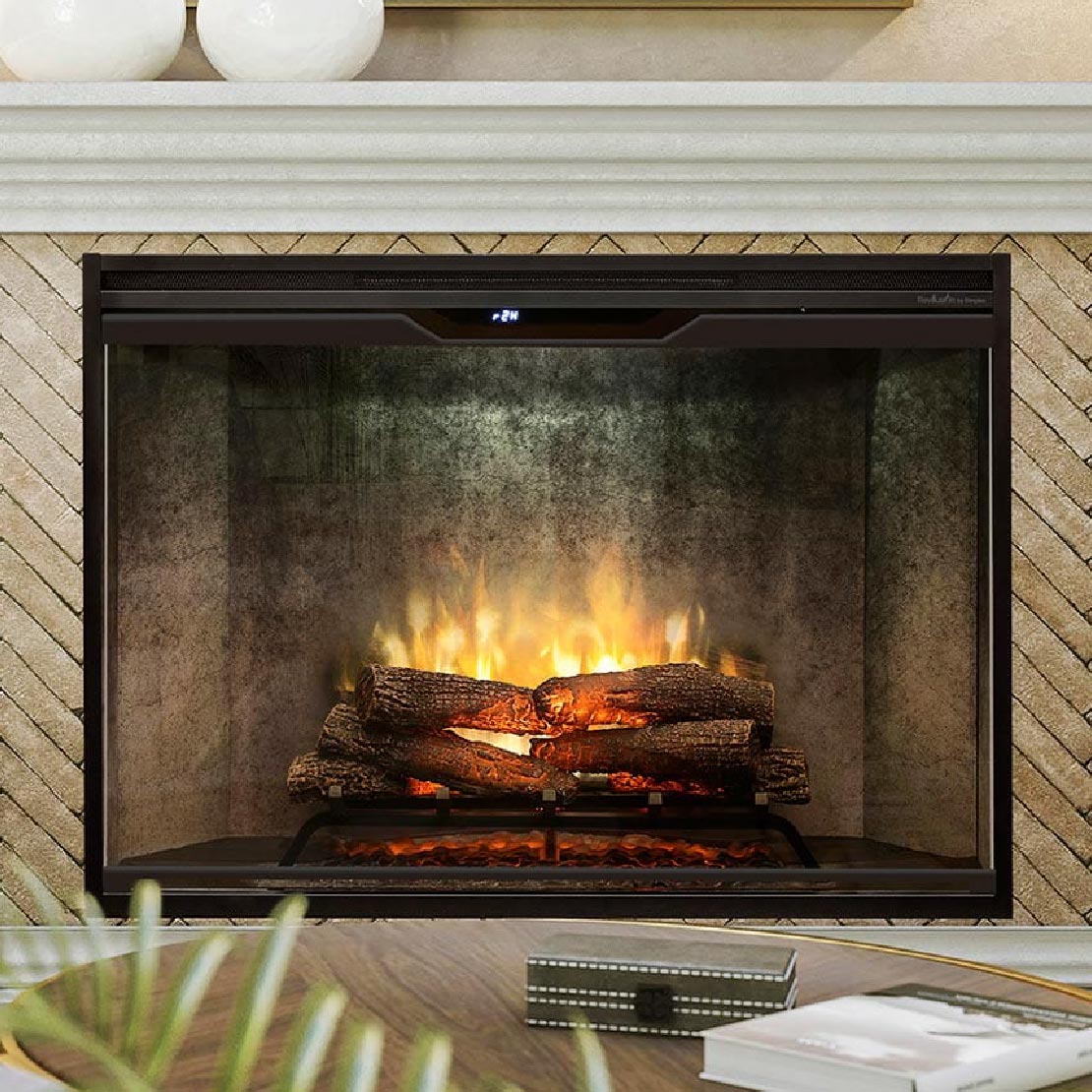 Electric fireplace with realistic flames.