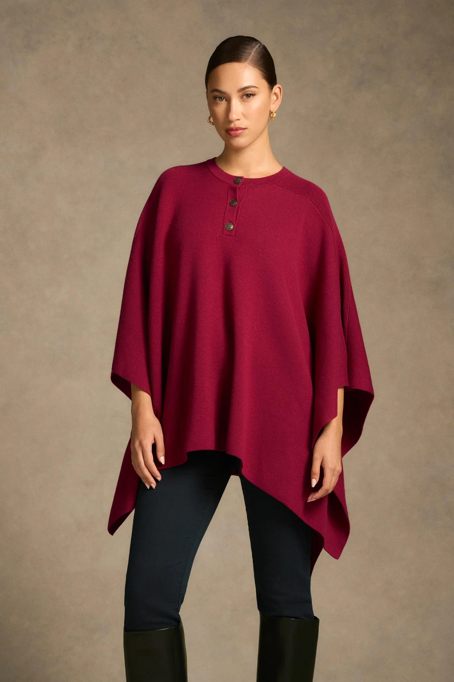 Image of Button Detail Poncho - Wine