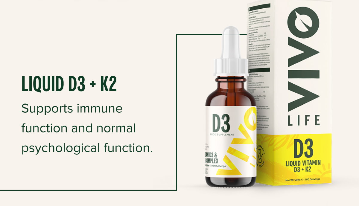 Liquid D3 + K2 Supports immune function and normal psychological function.