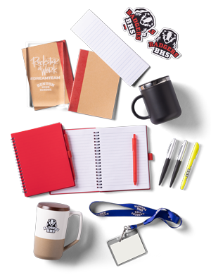 A collection of customized promotional products for a high school.