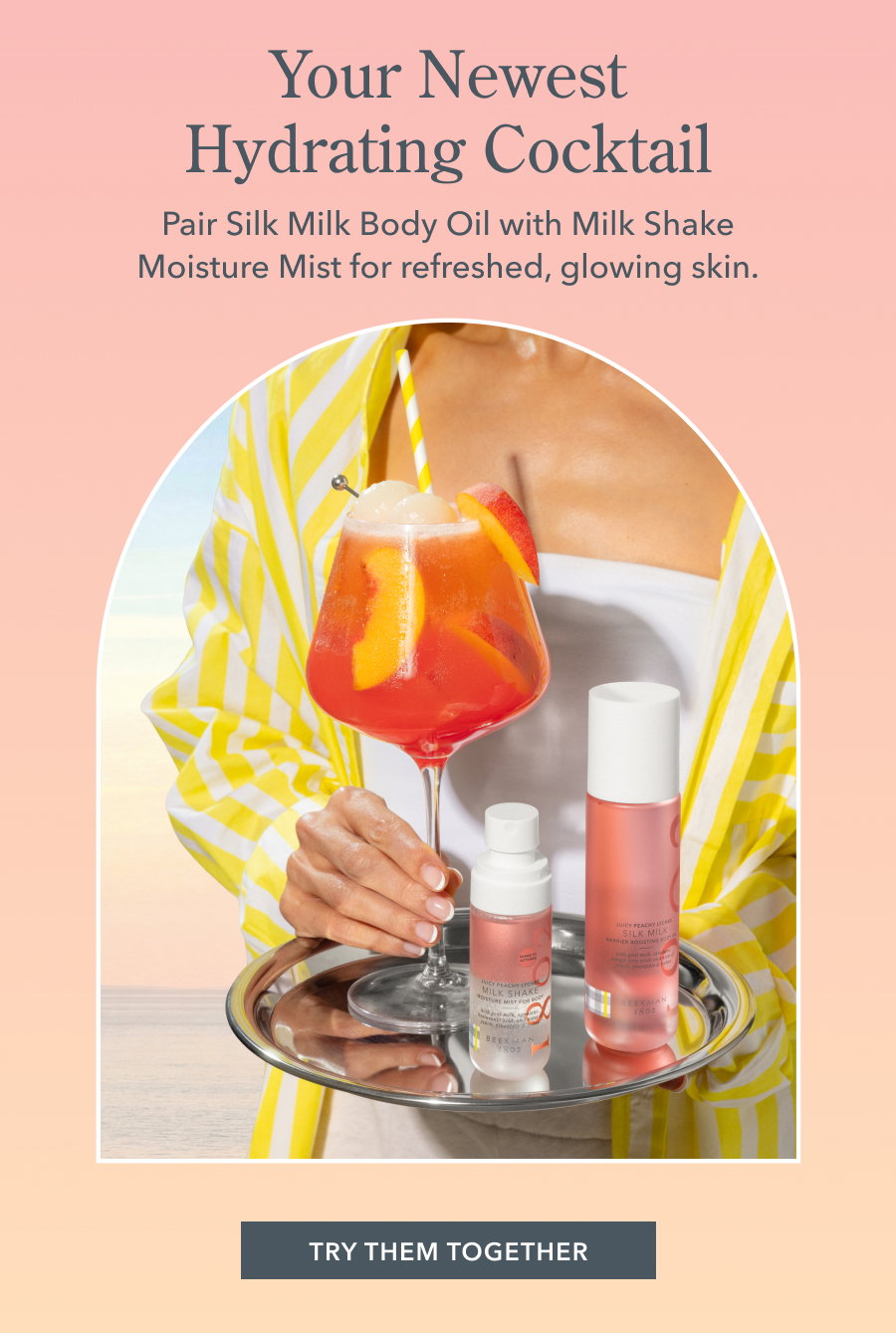 Your Newest Hydrating Cocktail Pair Silk Milk Body Oil with Milk Shake Moisture Mist for refreshed, glowing skin.