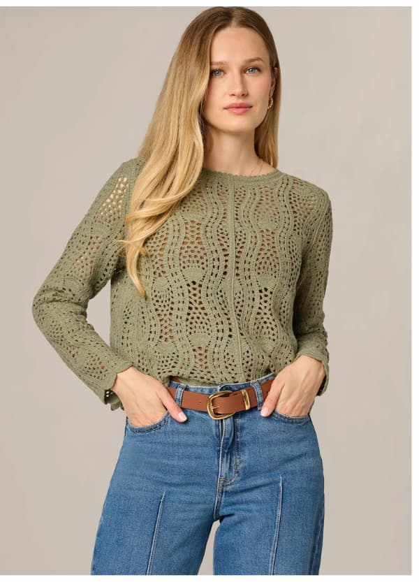 Long Sleeve Open Crochet Sweater In Sage Moss