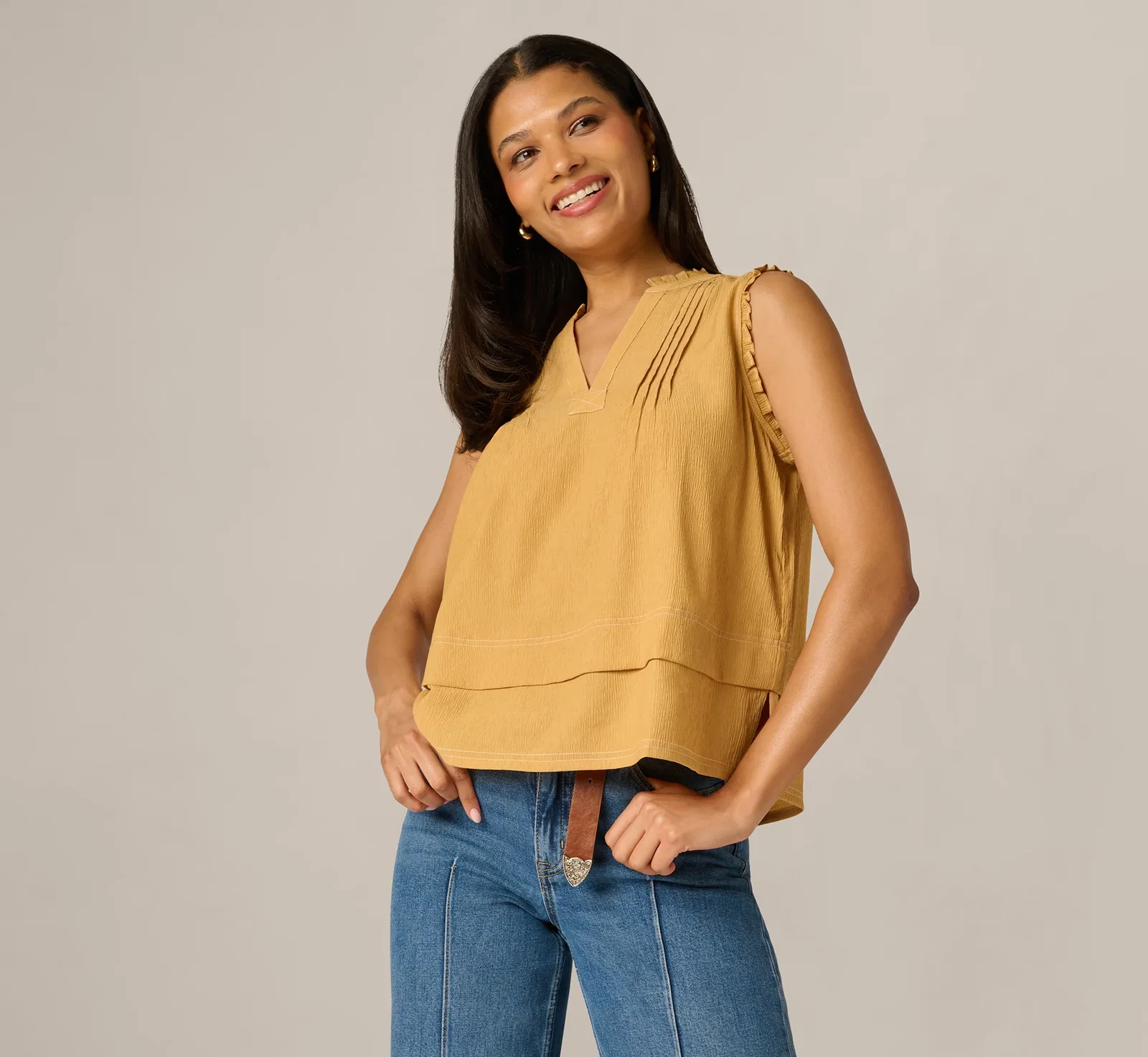 Image of Pintuck Ruffle Crinkle Tank Top In Golden Maize Ivory