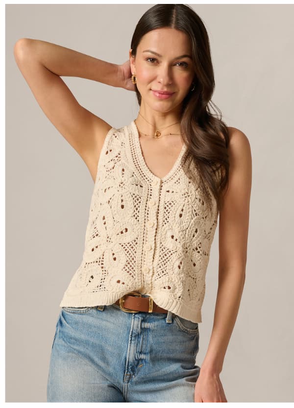 Open Knit Floral Crochet Vest In Oatmeal