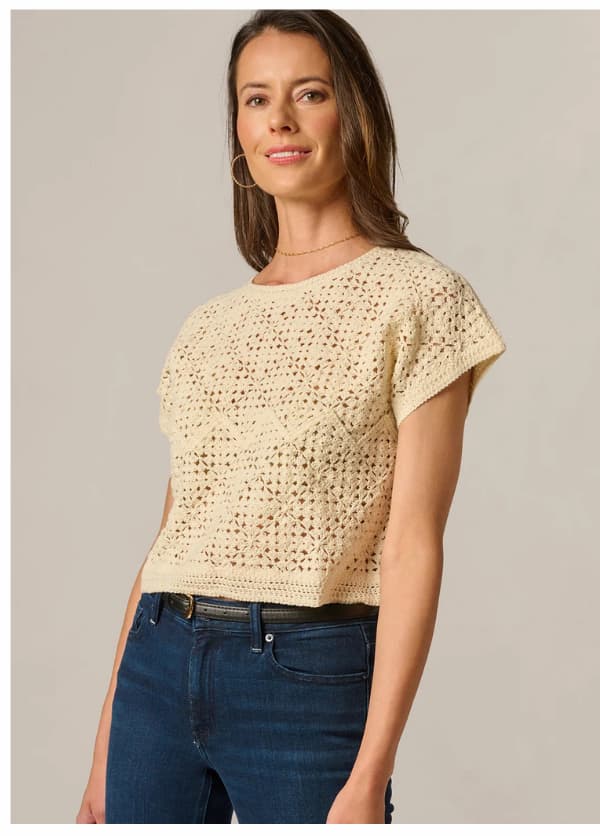 Short Sleeve Open Crochet Top In Cream