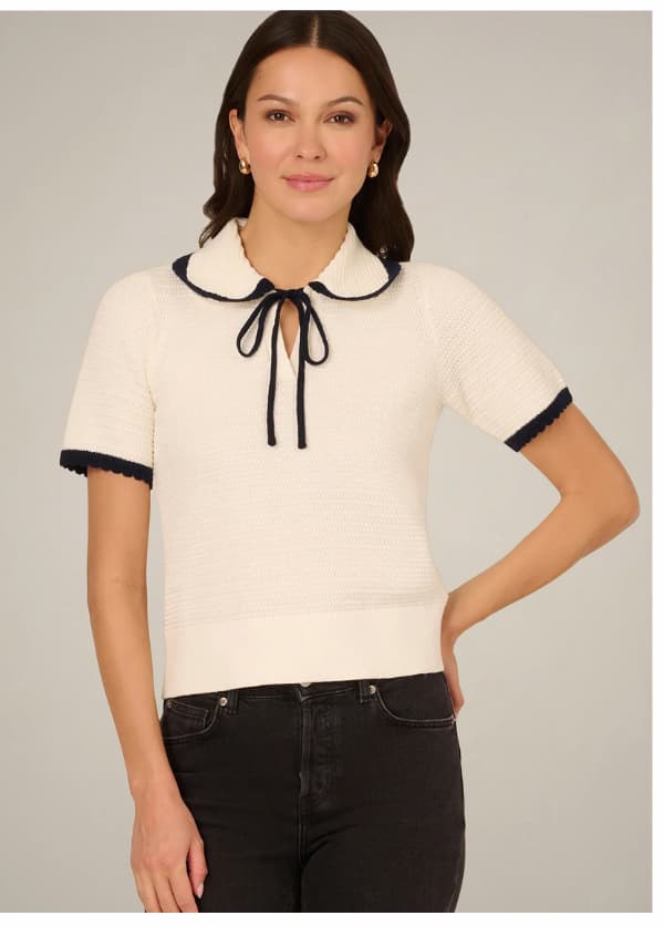 Short Sleeve Collared Cotton Crochet Top In Ivory Blue Moon