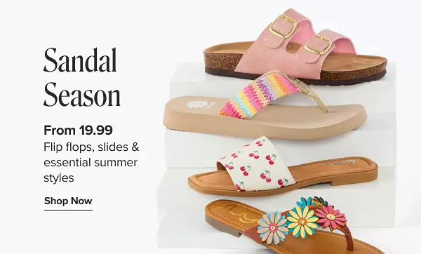 Sandal season from 19.99 flip flops, slides and essential summer styles. Shop now. Various pairs of different sandals.