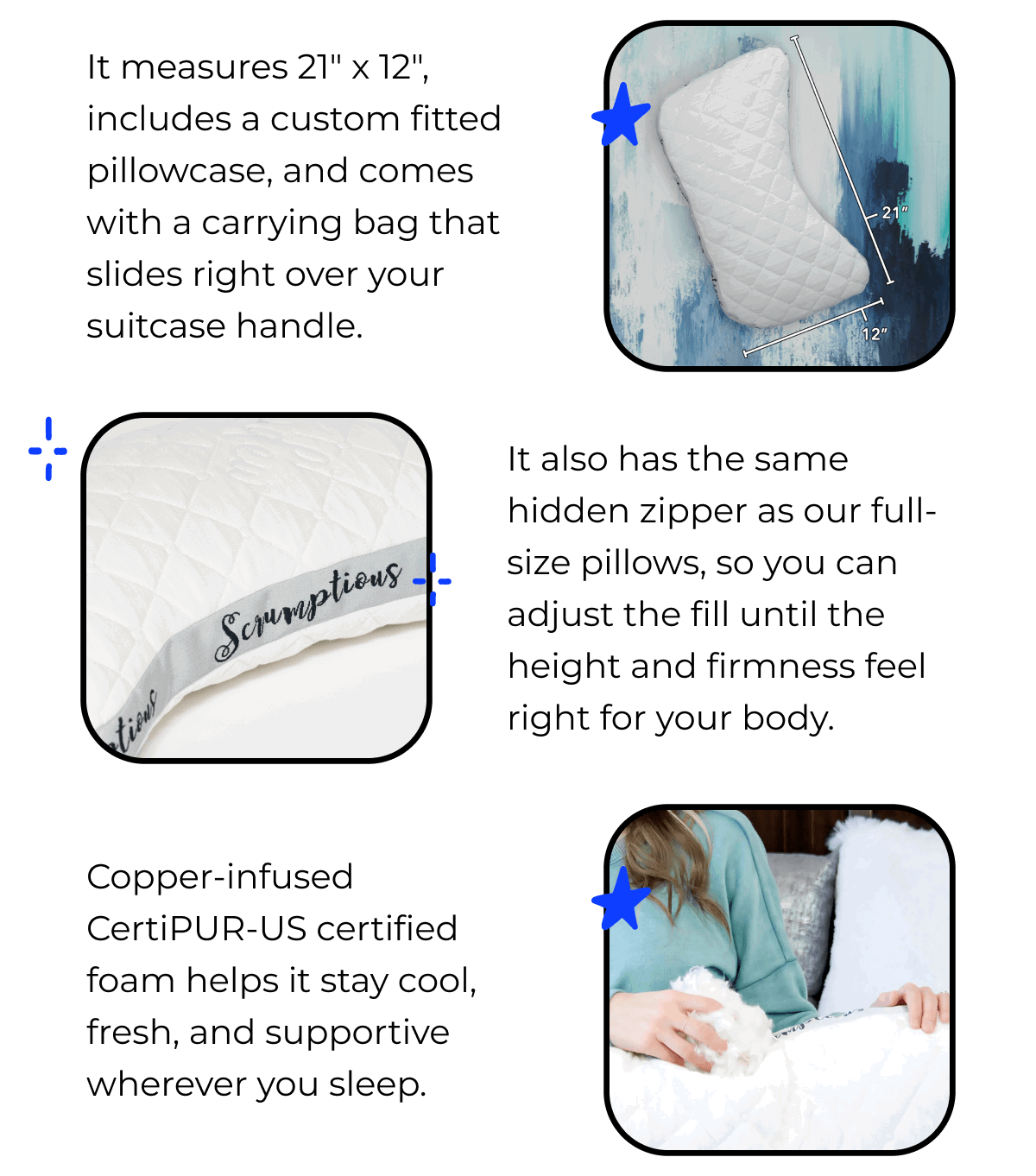 It measures 21" × 12", includes a custom fitted pillowcase, and comes with a carrying bag that slides right over your suitcase handle.