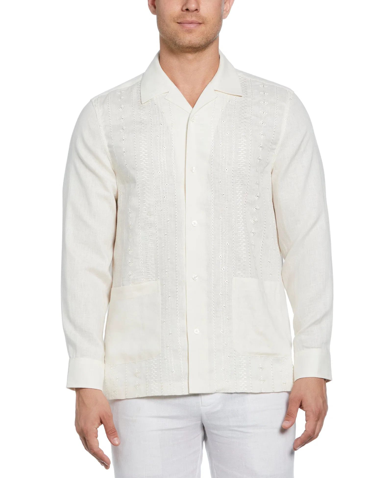 Image of Linen Eyelet Panel Guayabera Shirt
