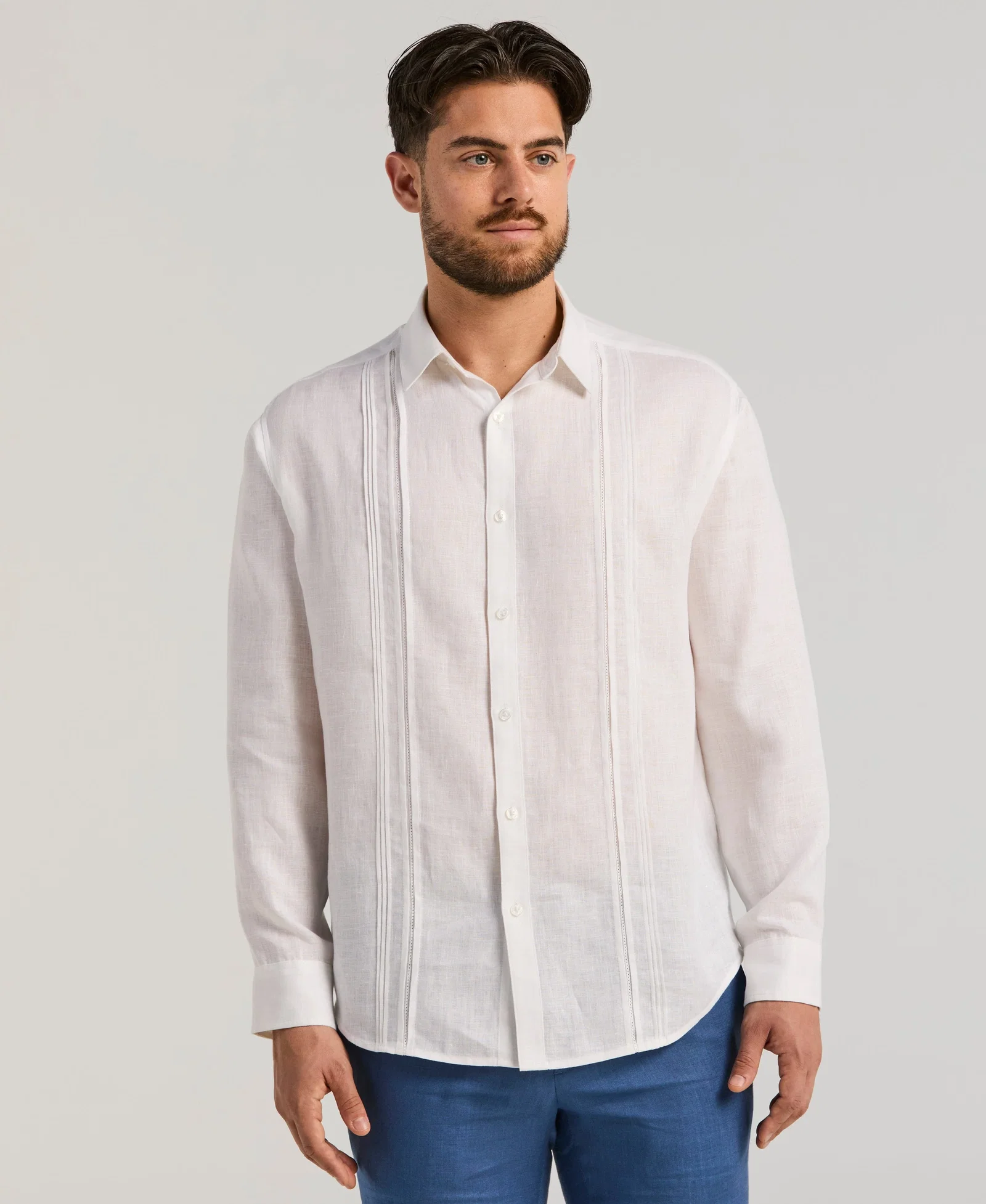 Image of Linen Embroidered Tuck Panel Guayabera Shirt