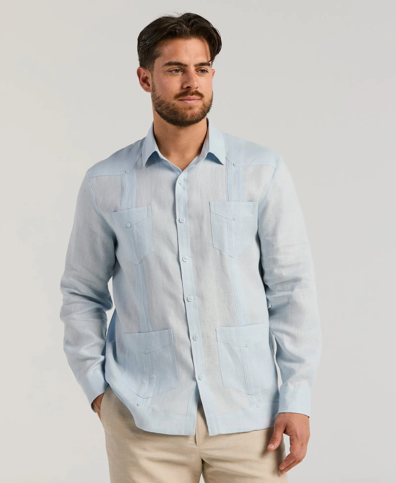 Image of 100% Linen Classic Guayabera Shirt - Long Sleeve
