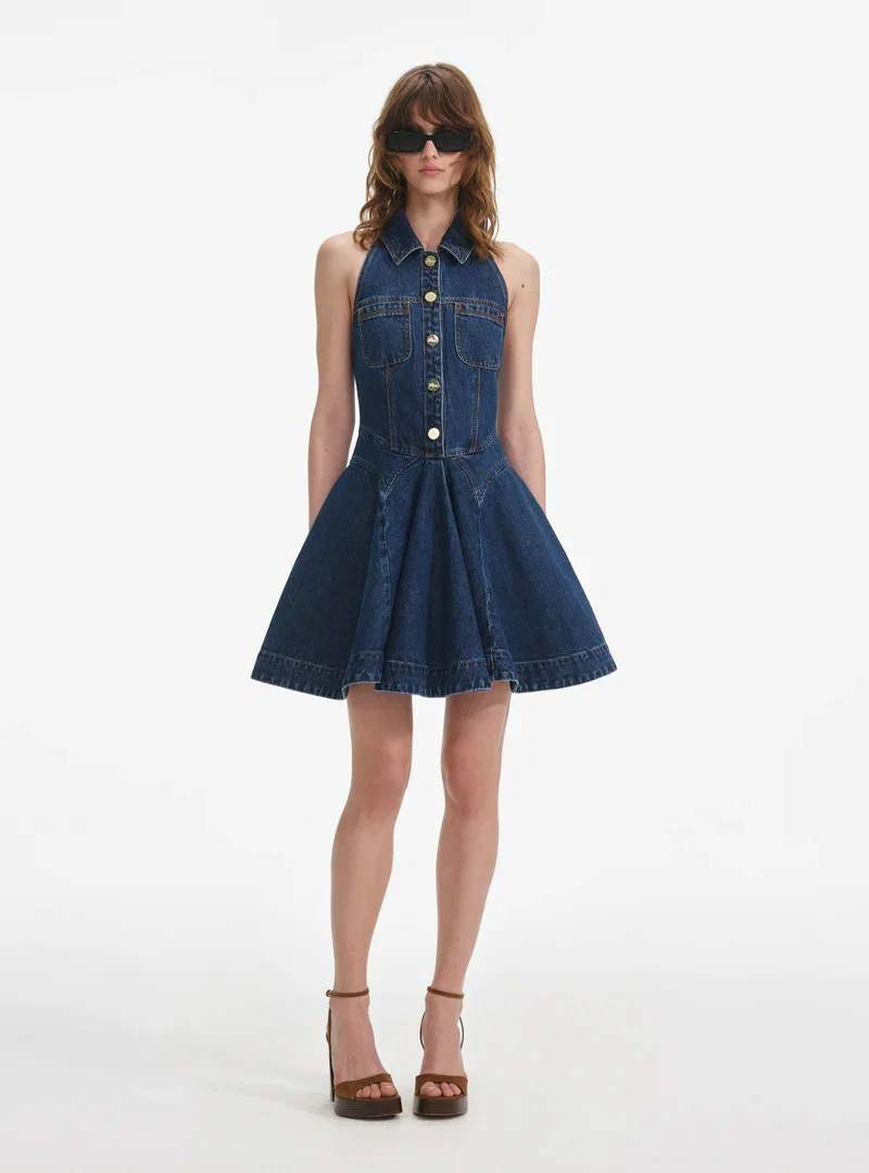 DENIM SLEEVELESS FLARED MINI DRESS