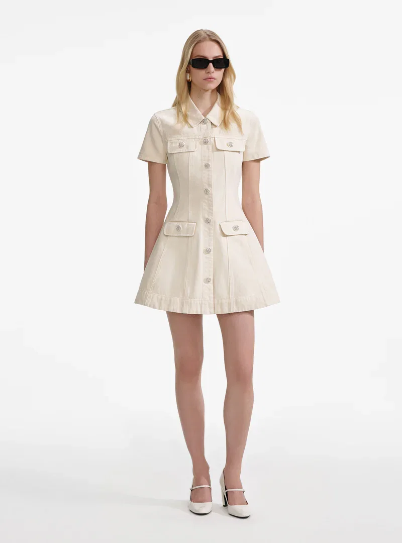 CREAM COLLARED DENIM MINI DRESS