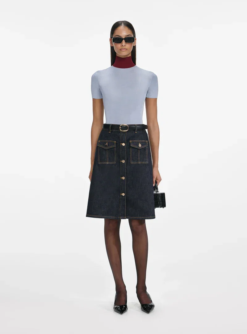 INDIGO DENIM BELTED MIDI SKIRT
