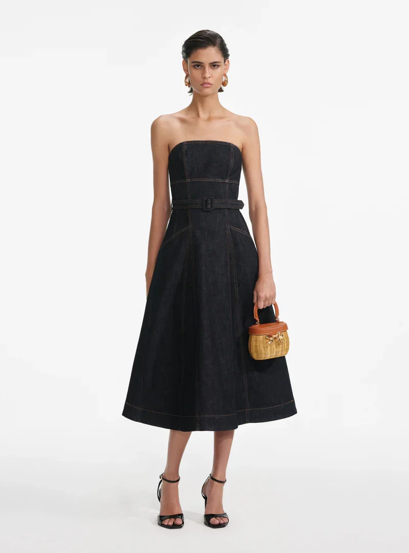 INDIGO DENIM BANDEAU MIDI DRESS