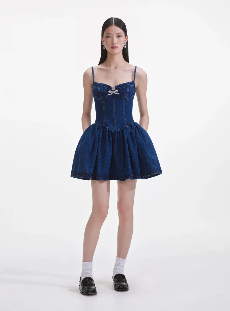 DENIM DIAMANTE BOW SWEETHEART MINI DRESS