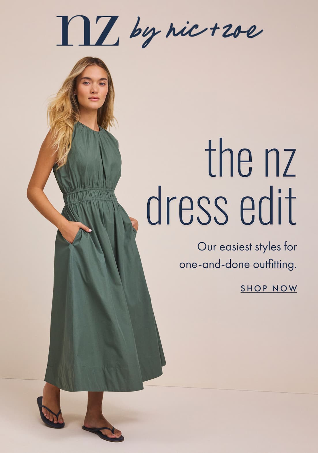 The nz dress edit. Our easiest styles for one-and-done outfitting. Shop now. The lady wearing the nz by NIC+ZOE Poplin Dakota Dress. Image showcasing a stylish design and vibrant colors in a chic setting.