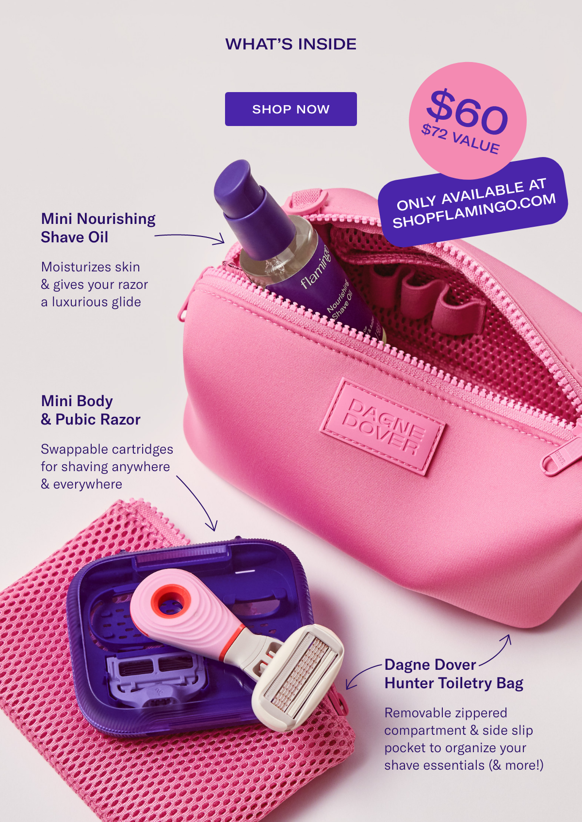 What's inside - Mini Nourishing Shave Oil, Mini Body & Pubic Razor, Dagne Dover & Hunter Toiletry Bag