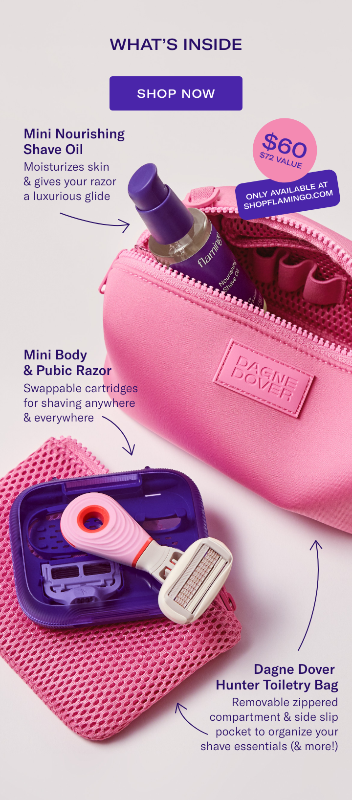 What's inside - Mini Nourishing Shave Oil, Mini Body & Pubic Razor, Dagne Dover & Hunter Toiletry Bag