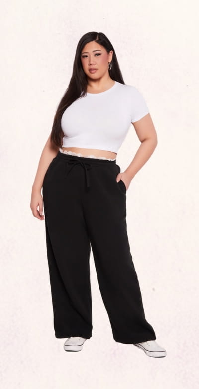 Shop Plus Size Lace Trim High Waisted Wide Leg Sweatpants