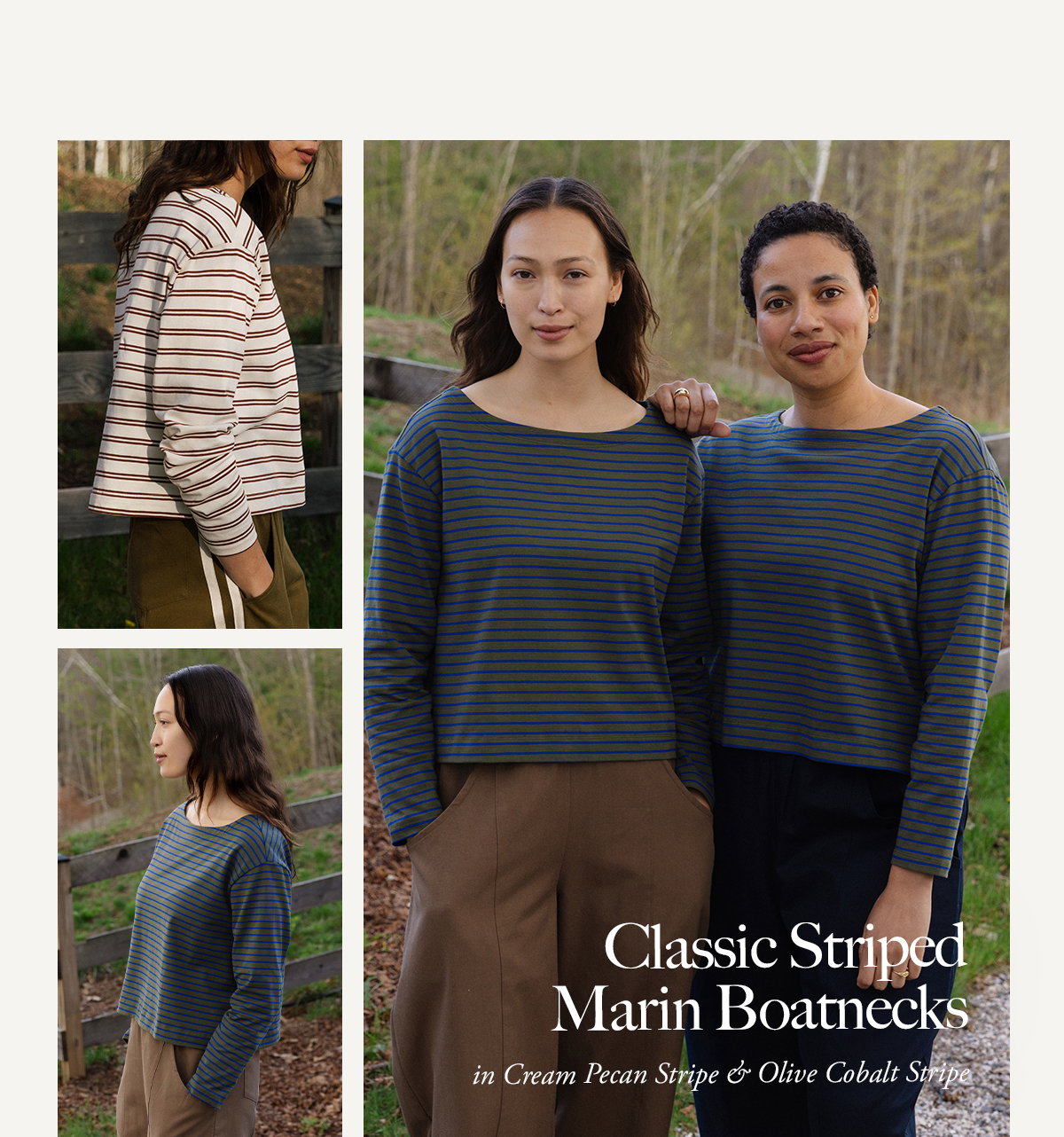 Classic striped Marin Boatnecks in Cream Pecan Stripe & Olive Cobalt Stripe