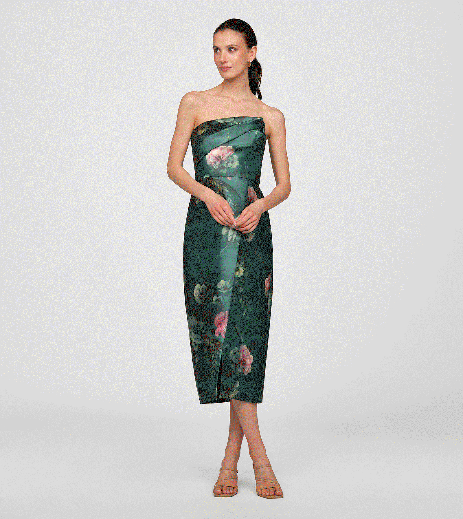 She's Back. The Amelie Tea Length Dress returns in Light Emerald — the rose bouquet print on mikado, now in the freshest color of the season. 
