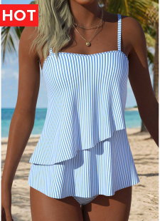 Light Blue Mid Waisted Layered Striped Tankini Set