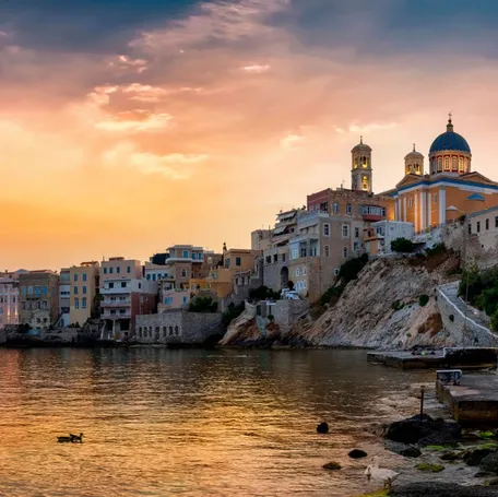 The scenic coastline of Ermoupolis, the capital city of the Syros island in Greece.