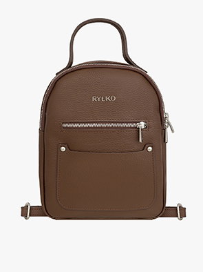 Brown leather backpack with front pocket and silver zippers, brand name RYŁKO displayed.