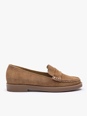 Brown suede loafer shoe with stitching detail on a white background