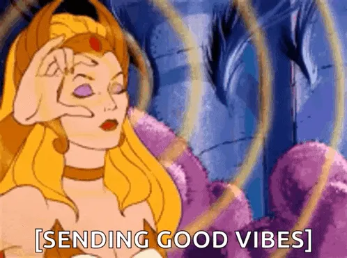 An animated woman superhero sending out telepathic signals and it says "Sending good vibes."