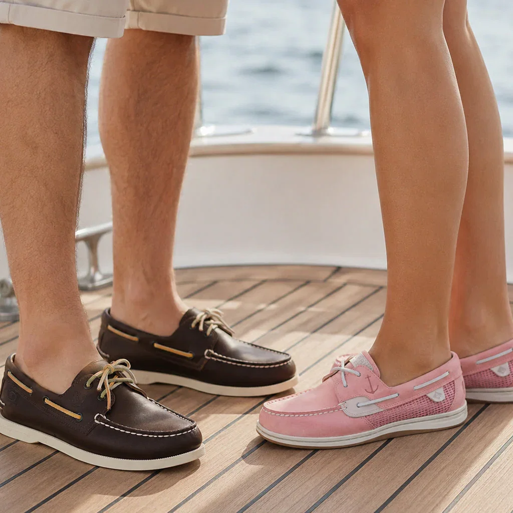 Two people wearing Sperry boat shoes on a yacht deck with ocean in background