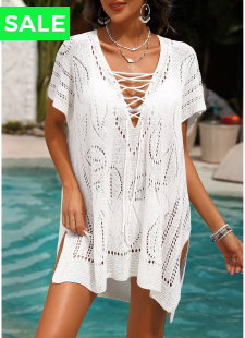 White V Neck Lace Up Cover Up